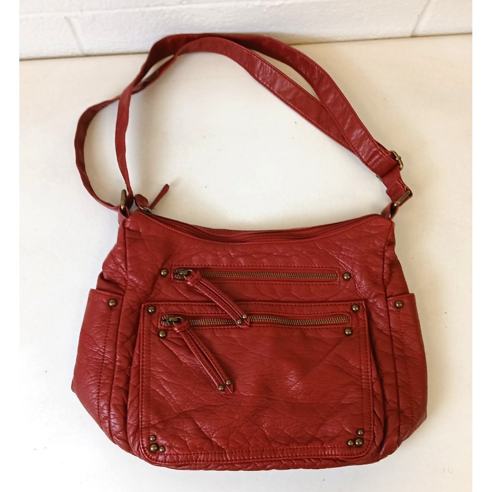 Bueno Red Genuine Leather Crossbody Shoulder Bag Multi Pocket Purse
